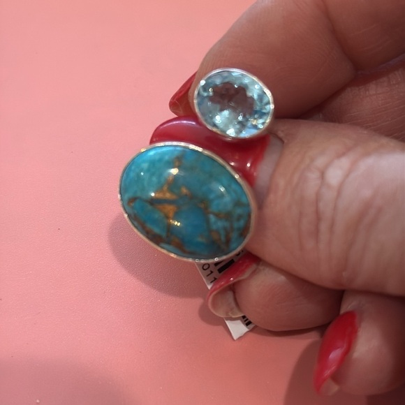 New Genuine, blue, copper, turquoise, and sterling silver ring with topaz stone - Picture 6 of 8